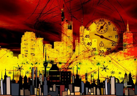 city skyscrapers clock time stopwatch seconds - public domain